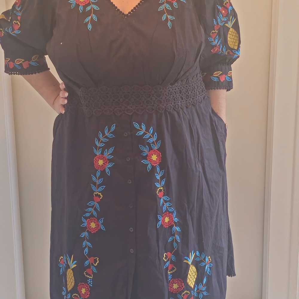 eShakti Black Dress with Vibrant Floral Accents